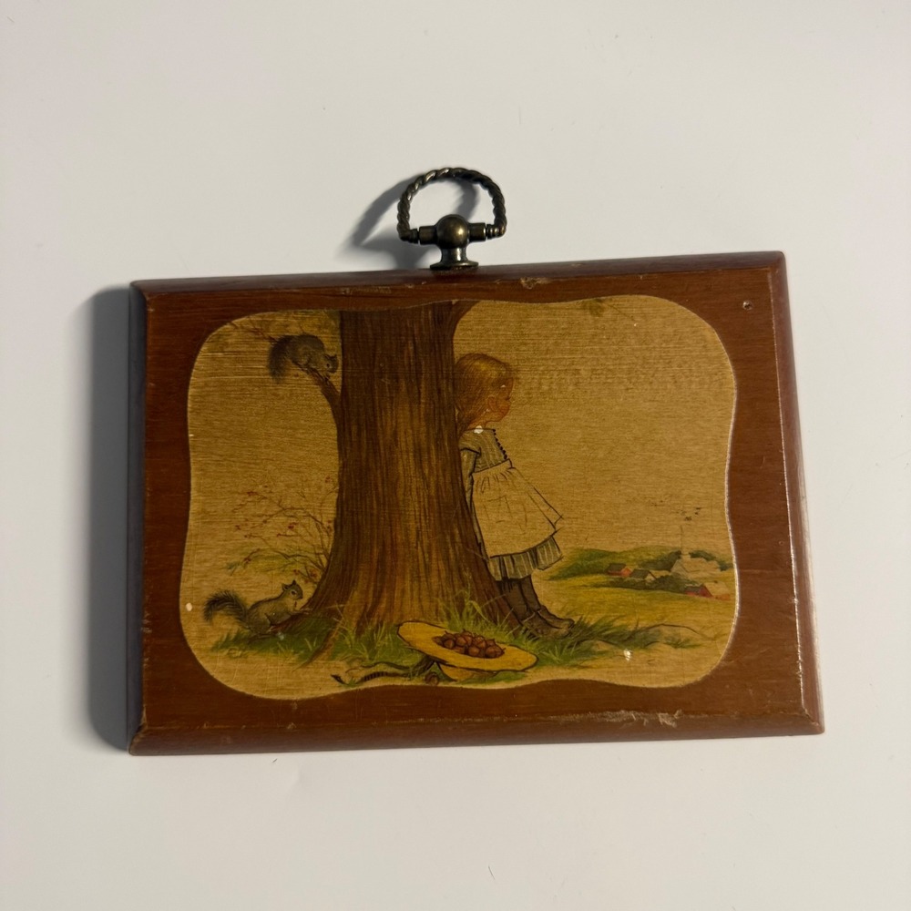 Vintage Wooden Wall Plaque Girl with Squirrels Nature Scene Cottagecore Decor
